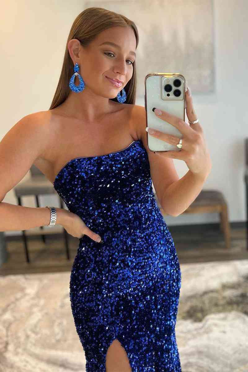 blue sequin prom dress